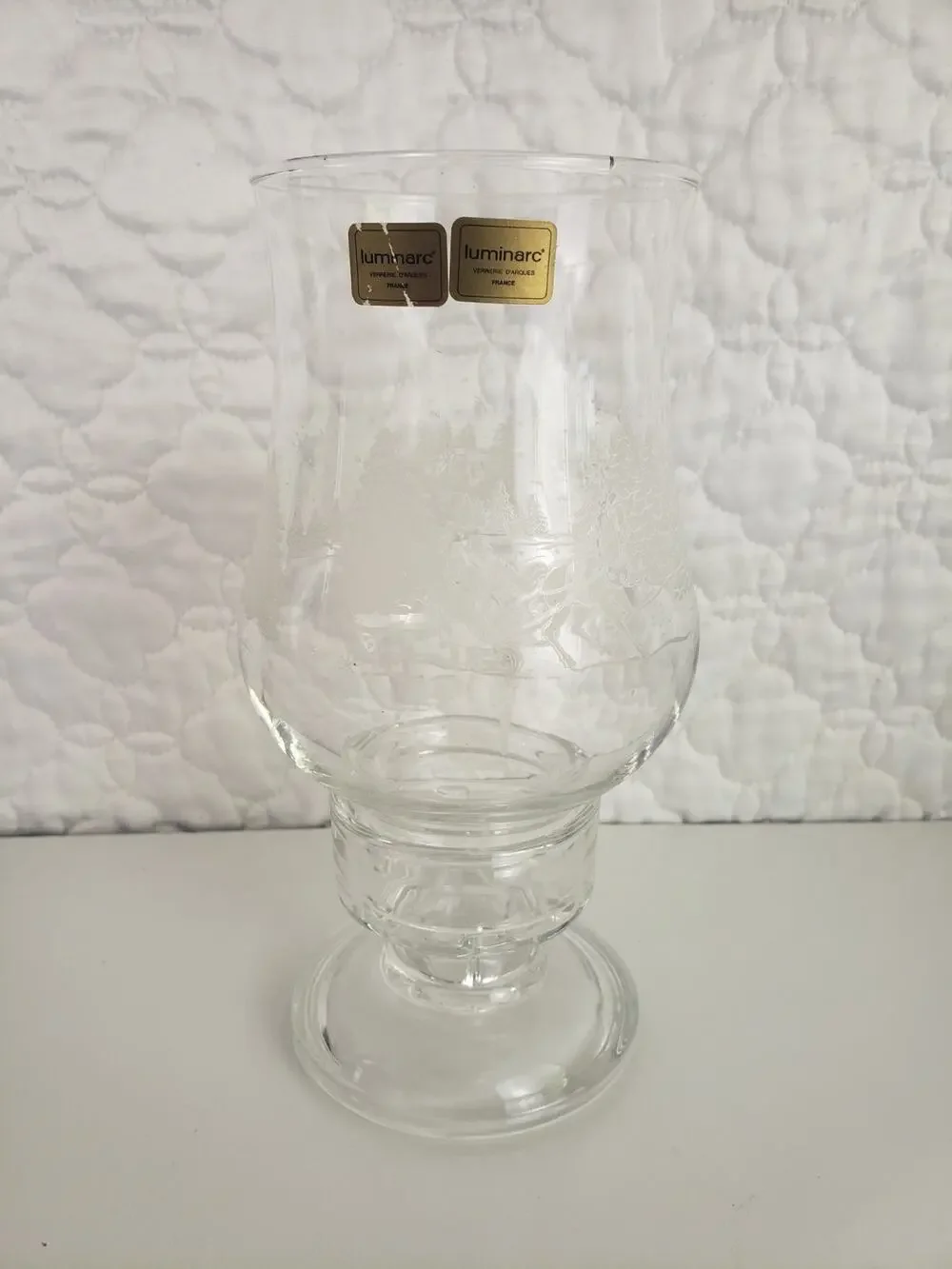 Luminarc Christmas Holiday Sleigh Etched Glass Candle Hurricane Holder Lamp